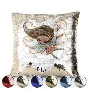 Personalised Sequin Cushion with Cute Text and Tree Stump Gold Wand Fairy