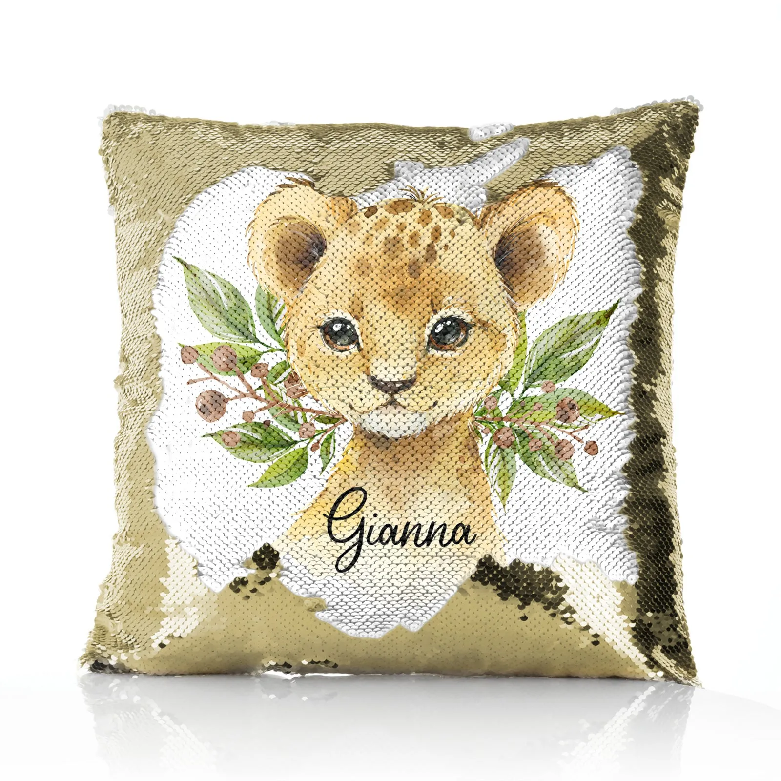 Personalised Sequin Cushion with Lion Cub Olive Branch and Cute Text