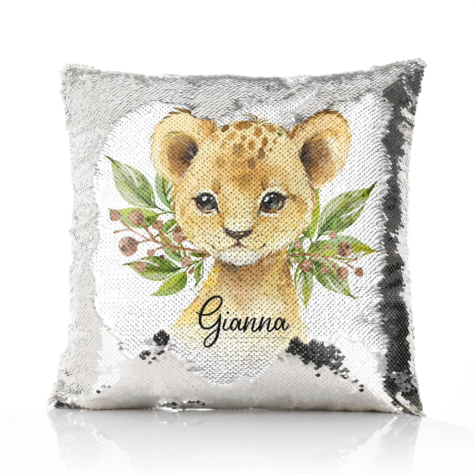 Personalised Sequin Cushion with Lion Cub Olive Branch and Cute Text