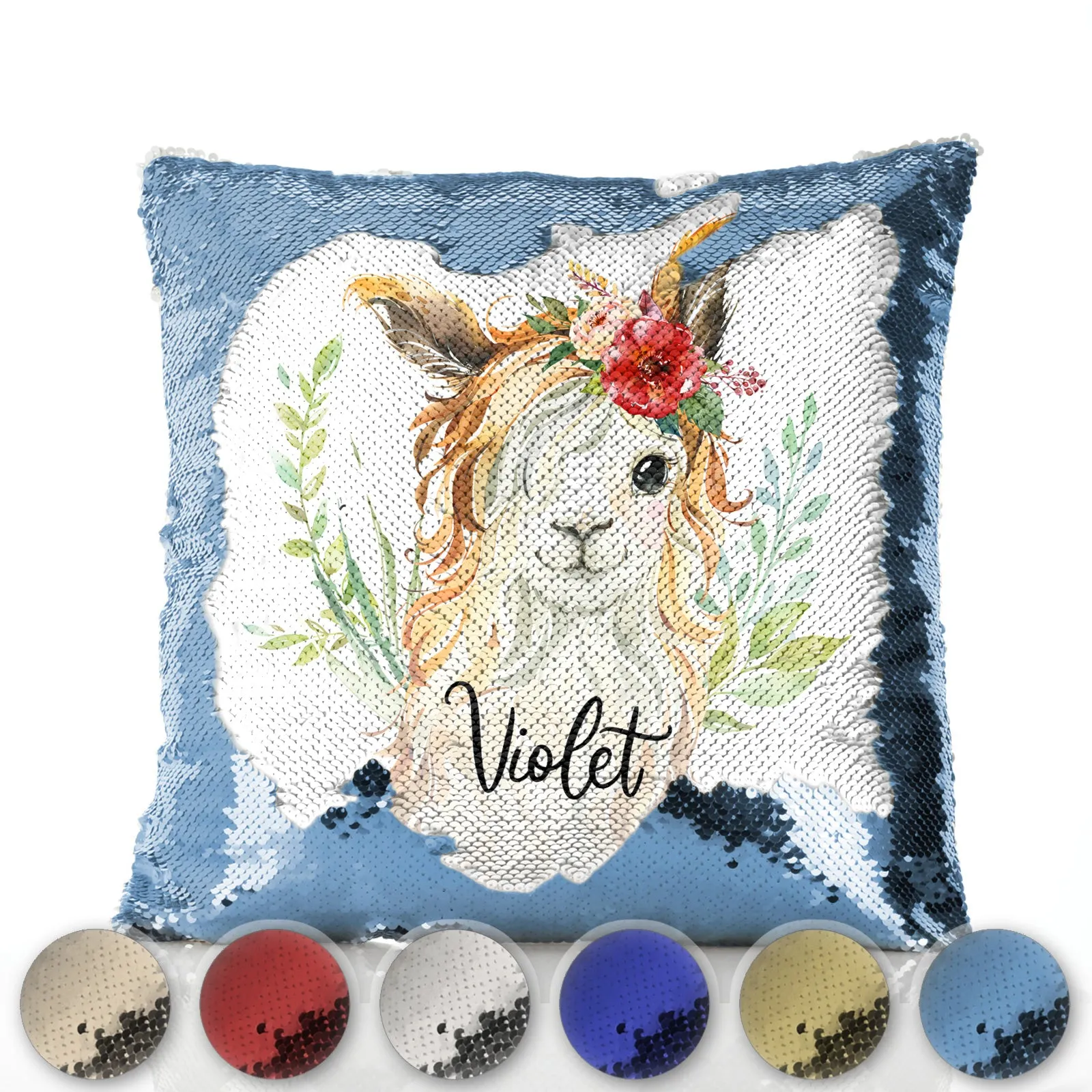 Personalised Sequin Cushion with White Goat with Red Flower Hair and Cute Text