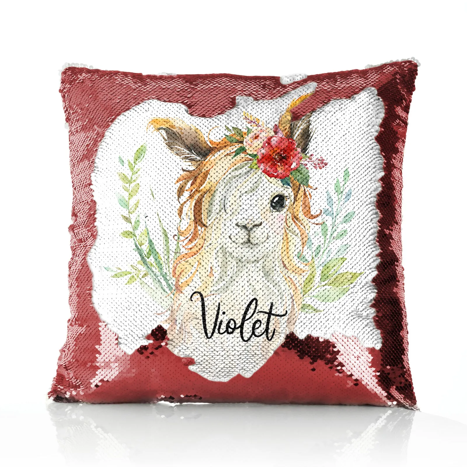 Personalised Sequin Cushion with White Goat with Red Flower Hair and Cute Text