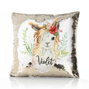 Personalised Sequin Cushion with White Goat with Red Flower Hair and Cute Text