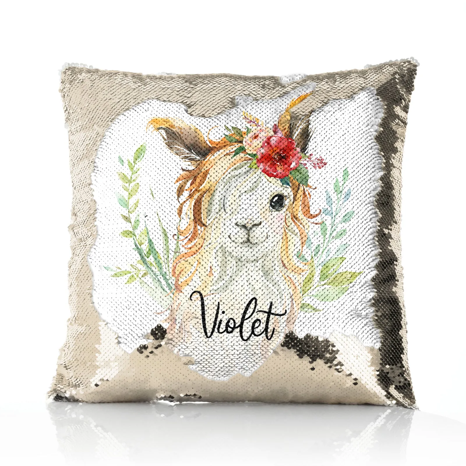 Personalised Sequin Cushion with White Goat with Red Flower Hair and Cute Text