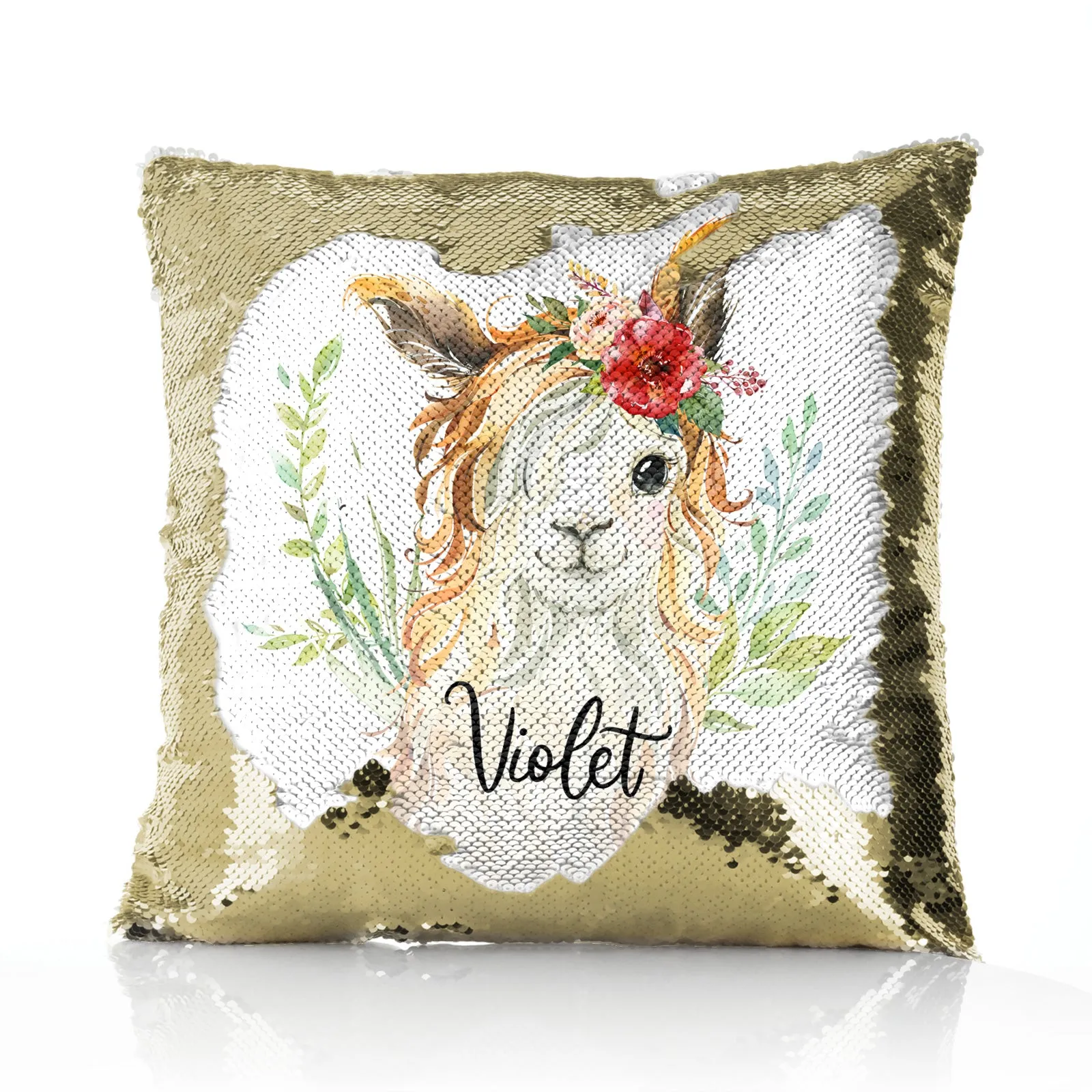 Personalised Sequin Cushion with White Goat with Red Flower Hair and Cute Text