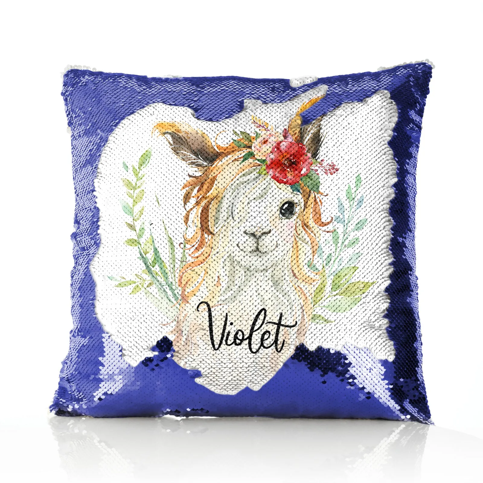 Personalised Sequin Cushion with White Goat with Red Flower Hair and Cute Text
