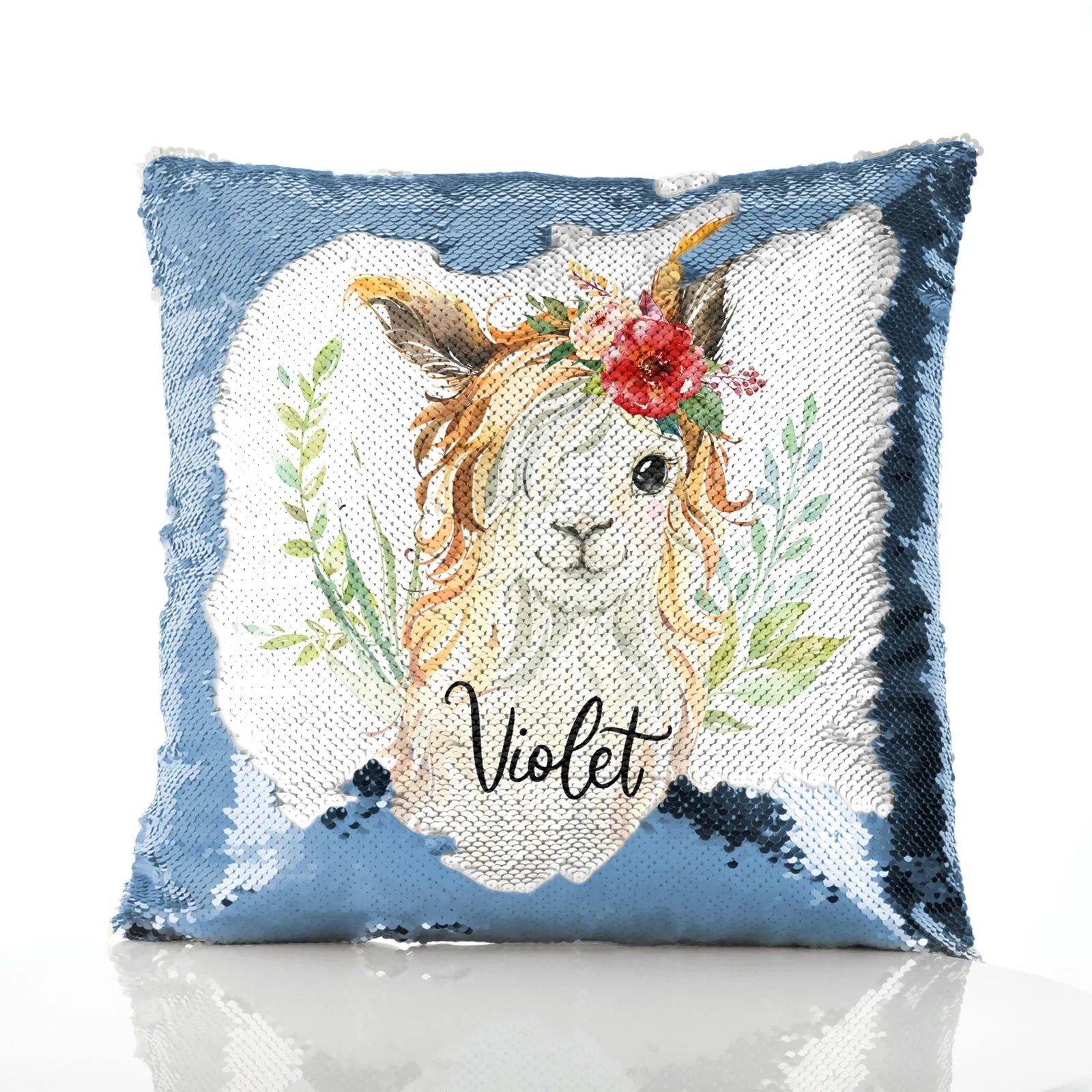 Personalised Sequin Cushion with White Goat with Red Flower Hair and Cute Text
