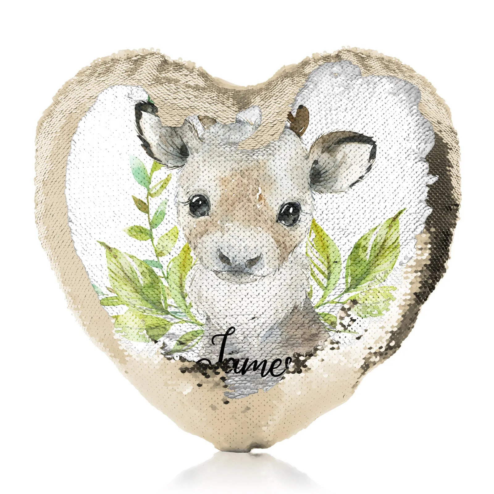 Personalised Sequin Heart Cushion with Christmas Reindeer Deer Green Leaves and Cute Text