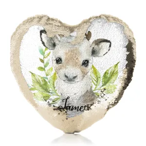 Personalised Sequin Heart Cushion with Christmas Reindeer Deer Green Leaves and Cute Text