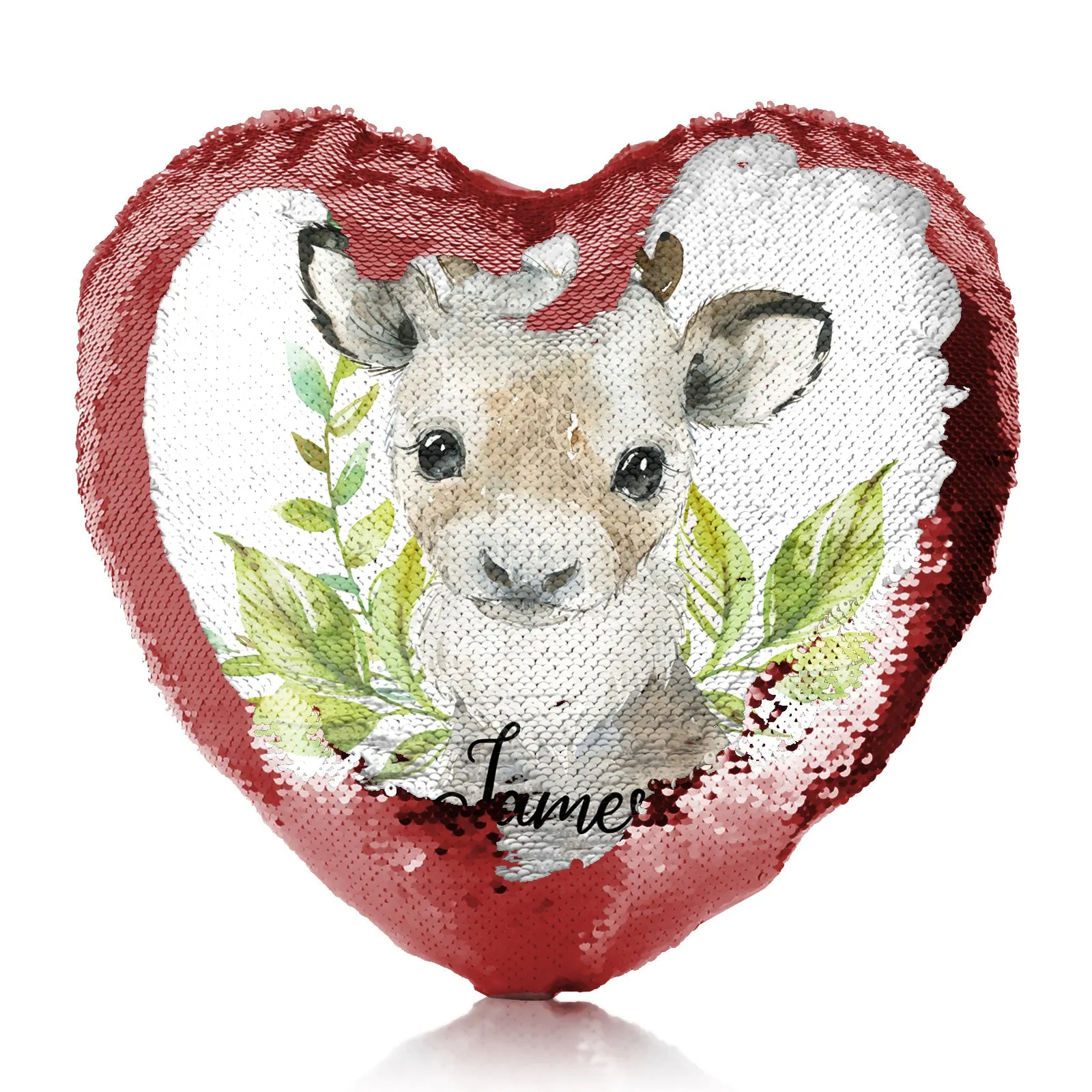 Personalised Sequin Heart Cushion with Christmas Reindeer Deer Green Leaves and Cute Text