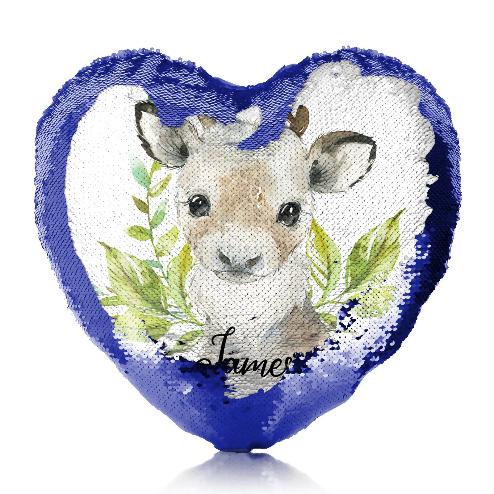 Personalised Sequin Heart Cushion with Christmas Reindeer Deer Green Leaves and Cute Text