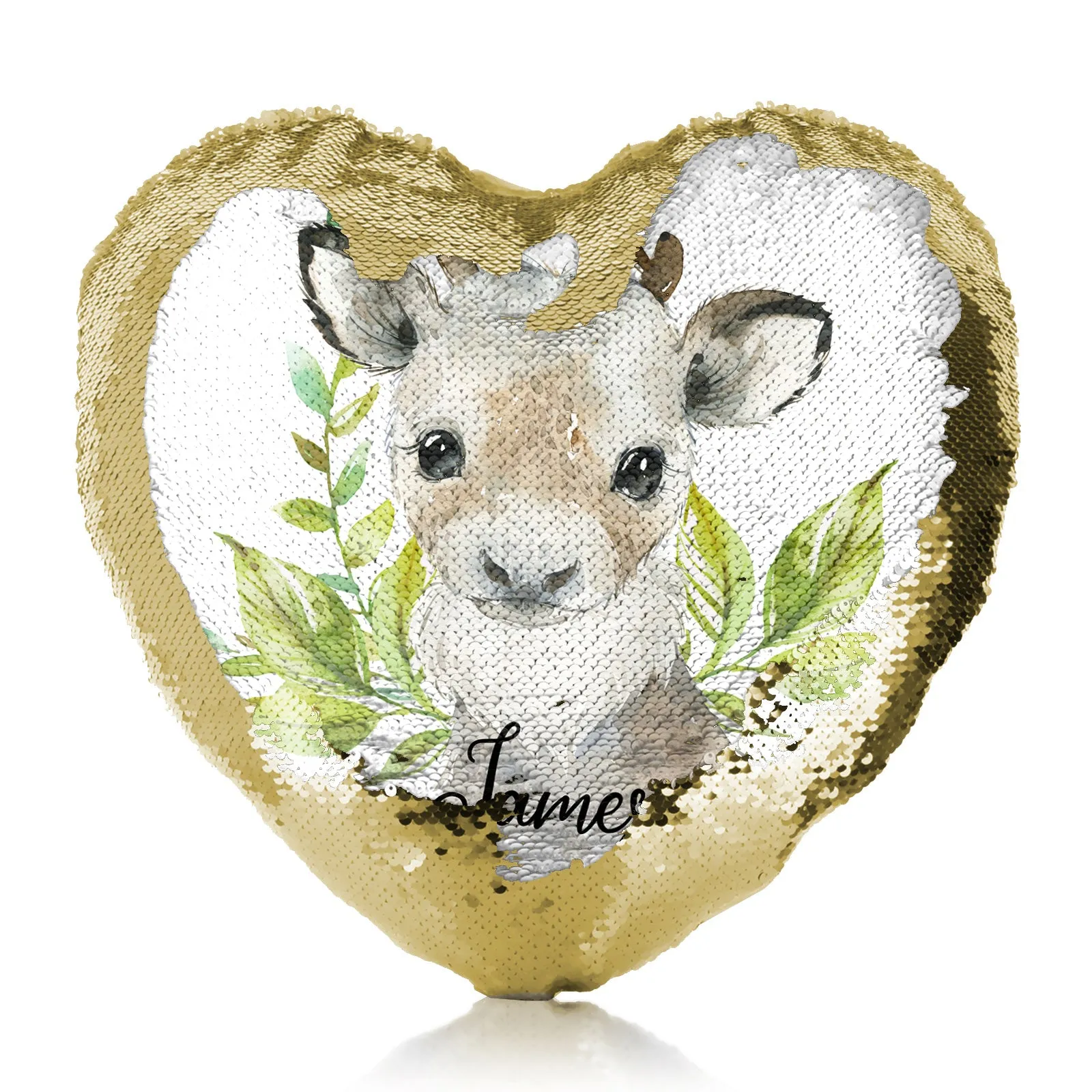 Personalised Sequin Heart Cushion with Christmas Reindeer Deer Green Leaves and Cute Text