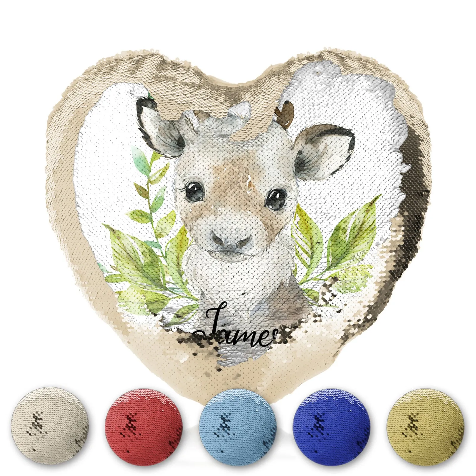 Personalised Sequin Heart Cushion with Christmas Reindeer Deer Green Leaves and Cute Text