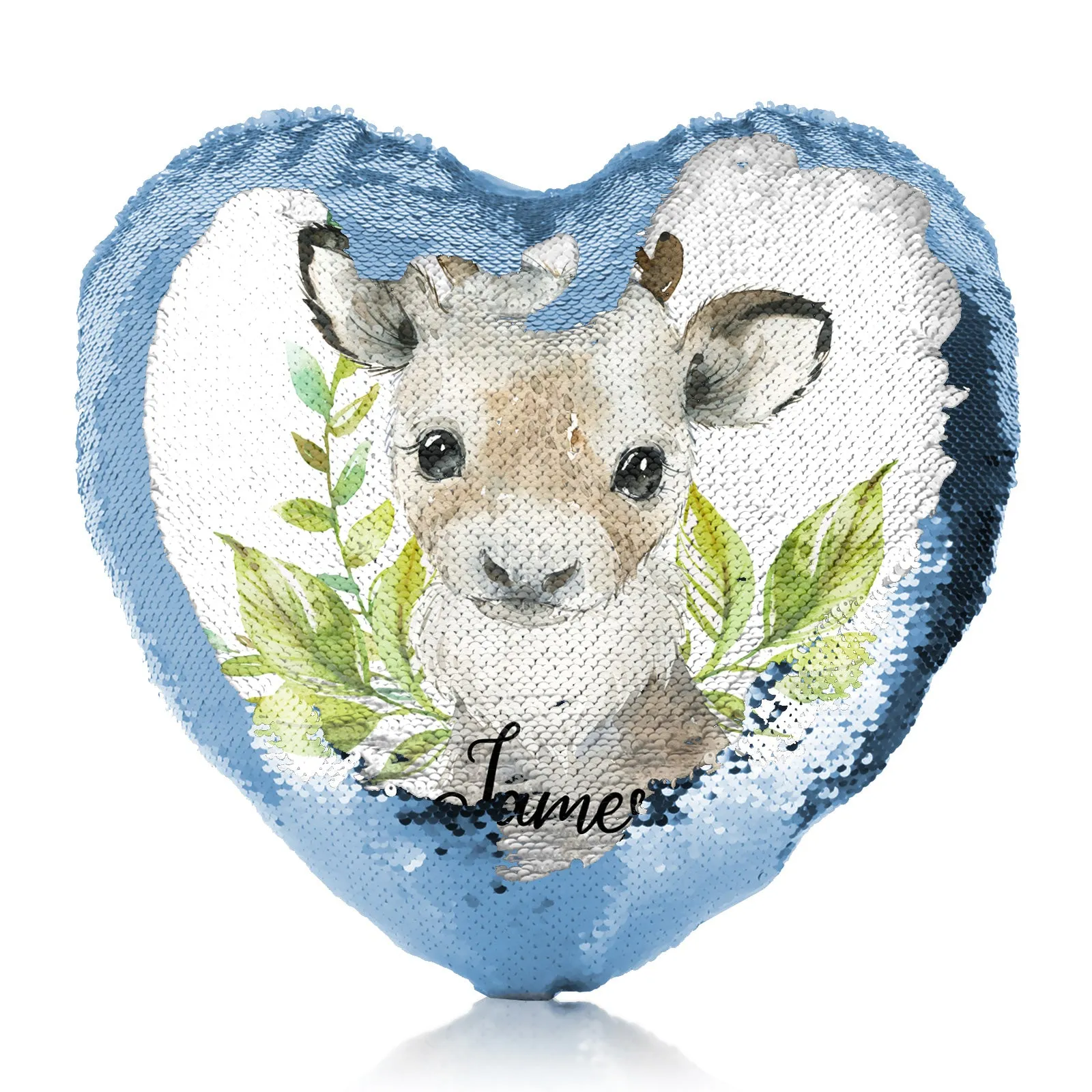 Personalised Sequin Heart Cushion with Christmas Reindeer Deer Green Leaves and Cute Text