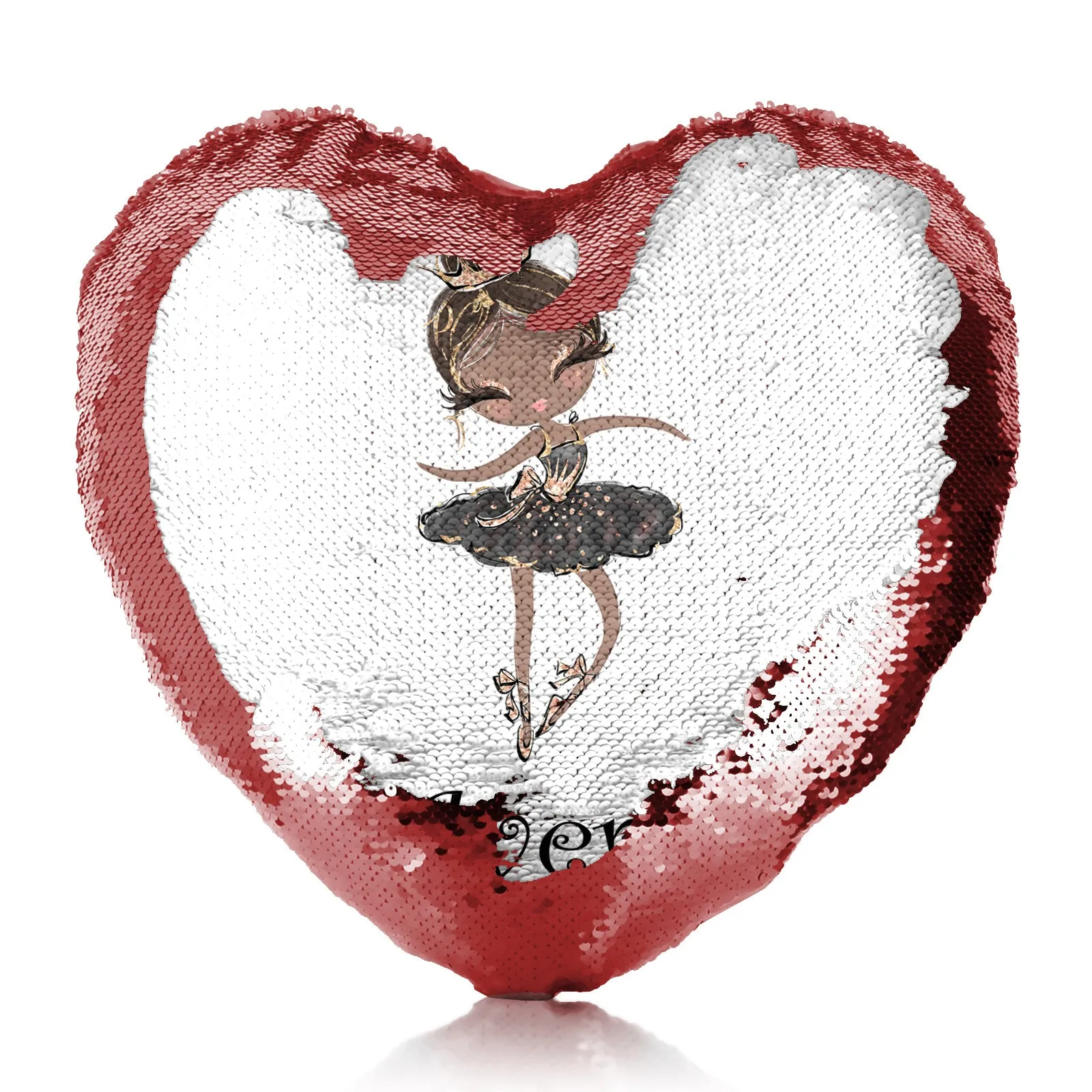 Personalised Sequin Heart Cushion with Cute Text and Black Hair Black Dress Tiara Ballerina