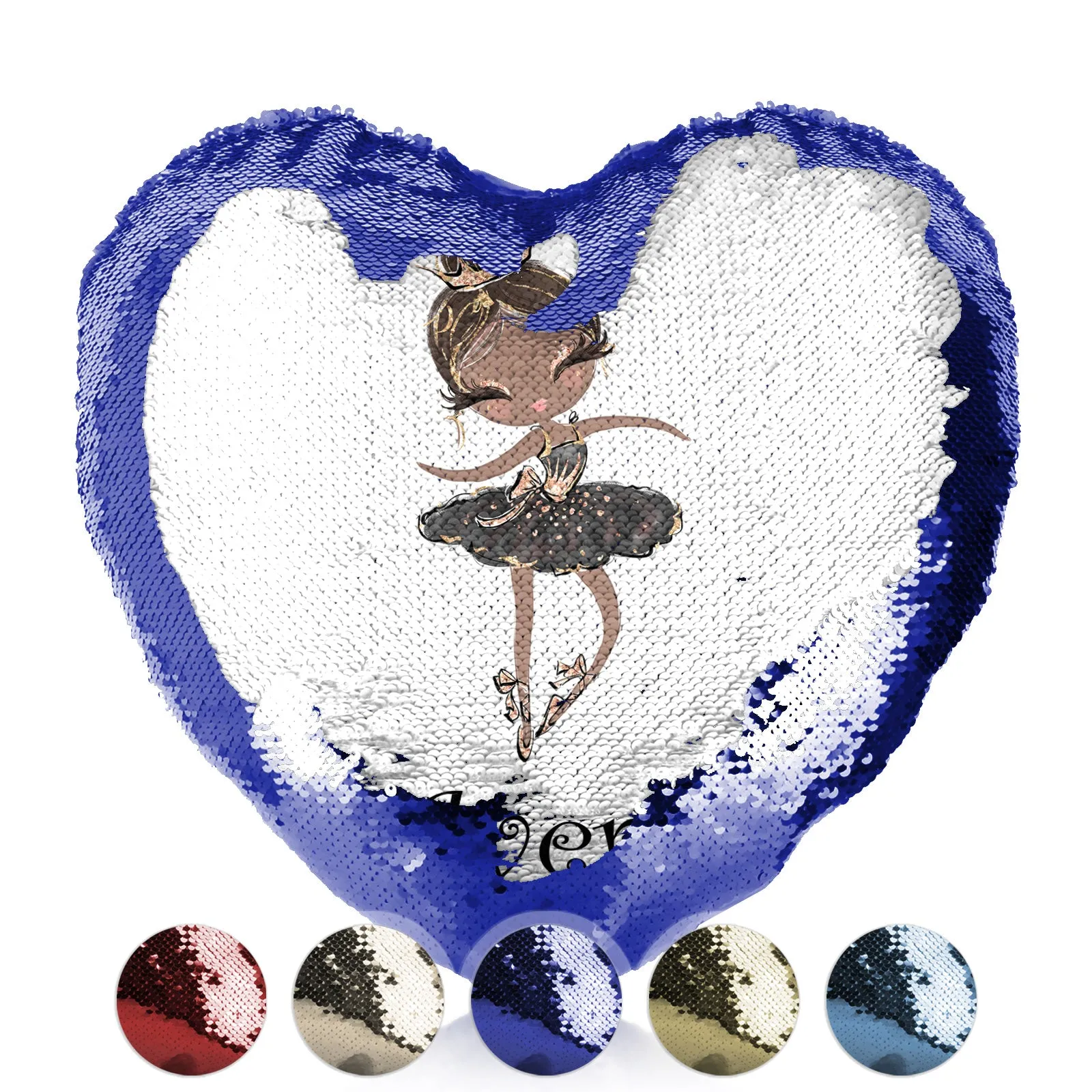 Personalised Sequin Heart Cushion with Cute Text and Black Hair Black Dress Tiara Ballerina