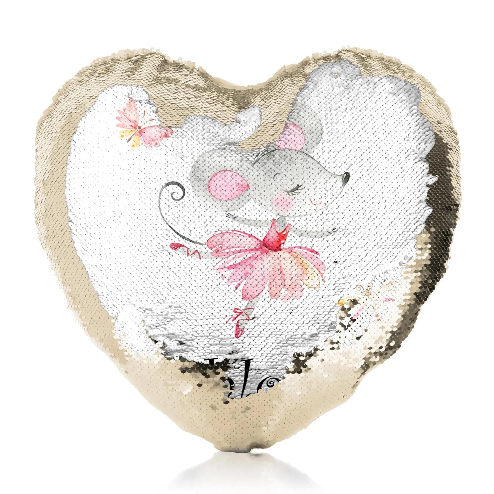 Personalised Sequin Heart Cushion with Cute Text and Dancing Mouse Ballerina