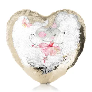 Personalised Sequin Heart Cushion with Cute Text and Dancing Mouse Ballerina