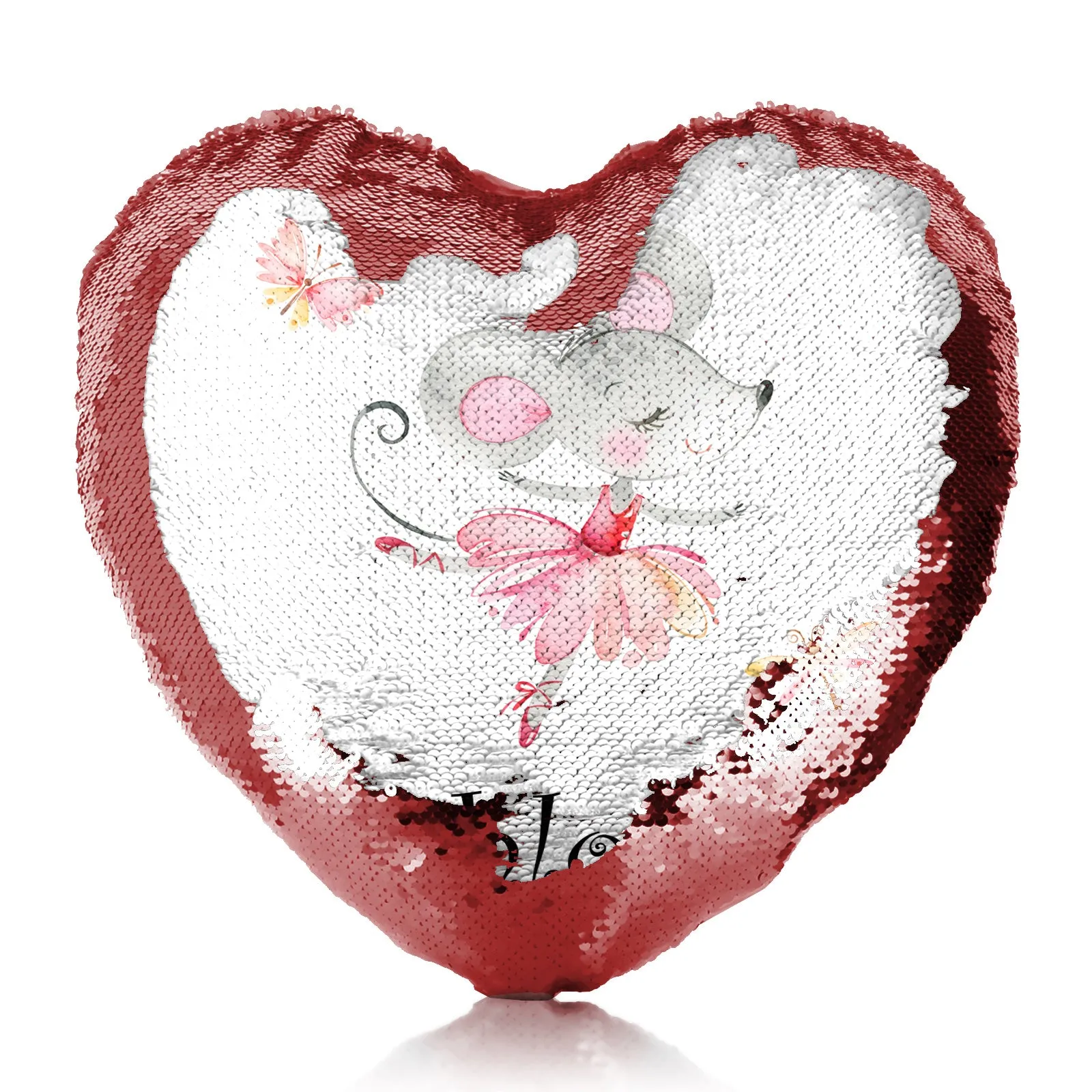 Personalised Sequin Heart Cushion with Cute Text and Dancing Mouse Ballerina