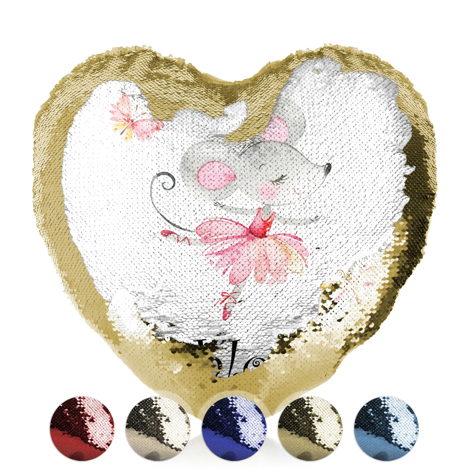 Personalised Sequin Heart Cushion with Cute Text and Dancing Mouse Ballerina
