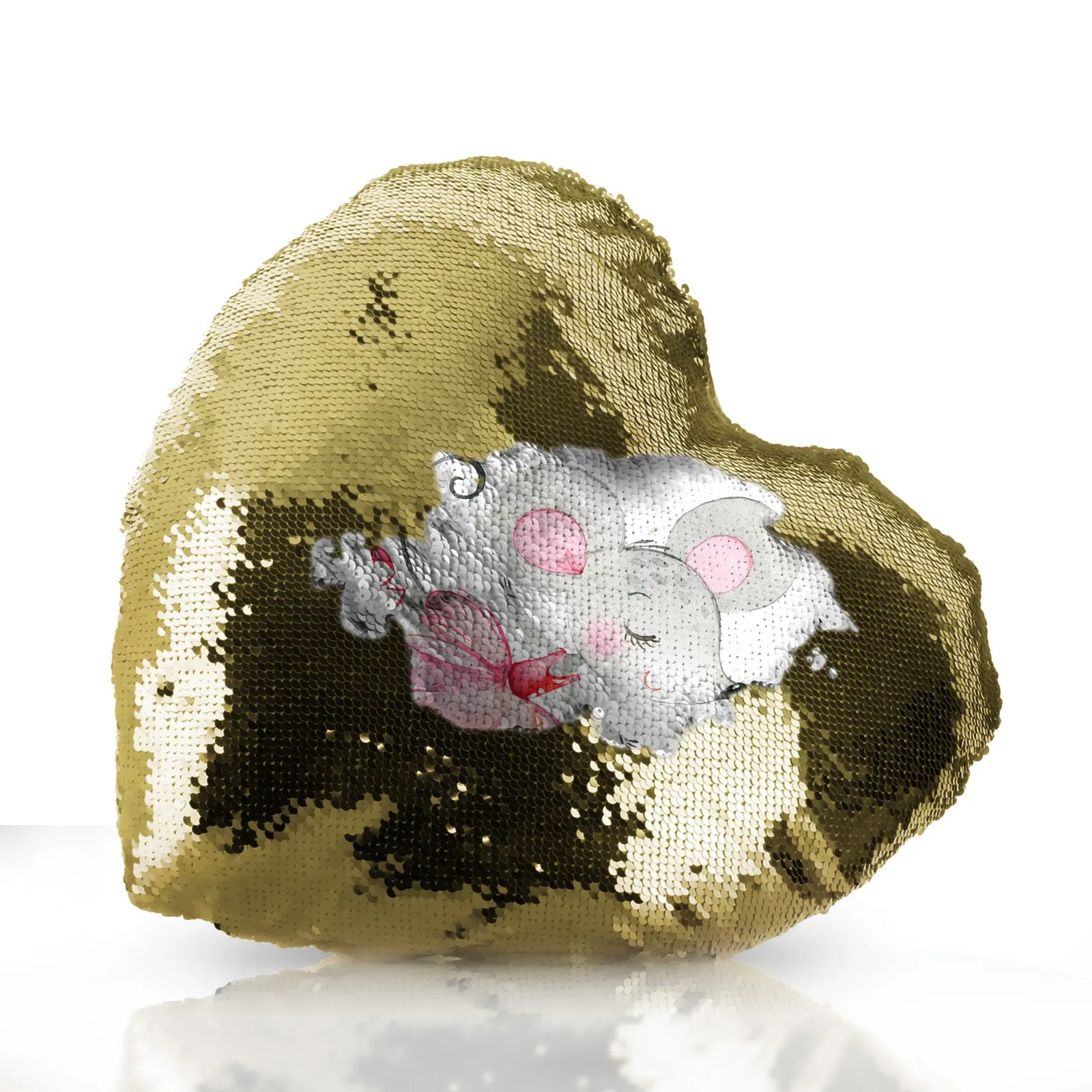 Personalised Sequin Heart Cushion with Cute Text and Dancing Mouse Ballerina