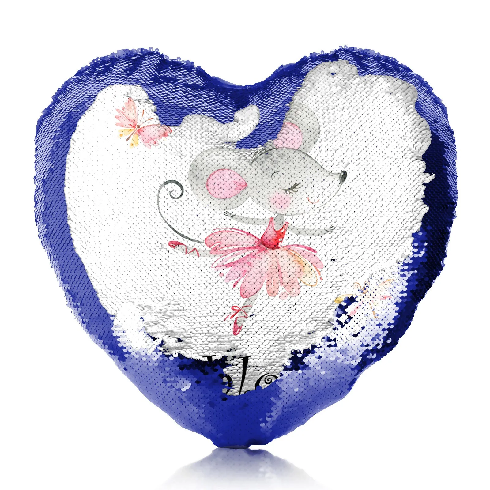 Personalised Sequin Heart Cushion with Cute Text and Dancing Mouse Ballerina