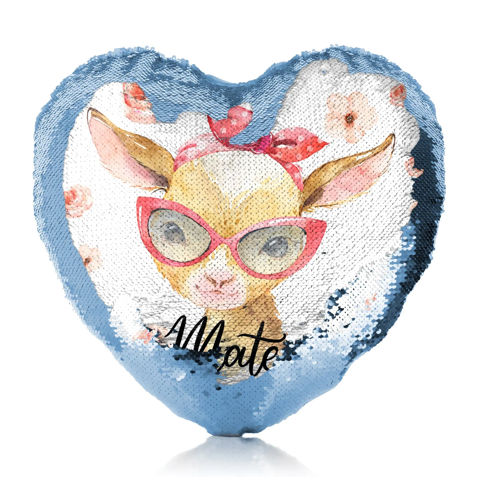 Personalised Sequin Heart Cushion with Goat Pink Glasses and Roses and Cute Text