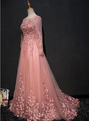 Pink Lace Applique Tulle  Floor-length A-line Prom Dresses, Long Sleeves Party Dress