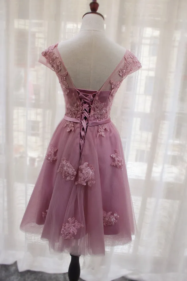 Pink Tulle Round Neckline Short Homecoming Dresses, Pink Party Dress, Bridesmaid Dresses
