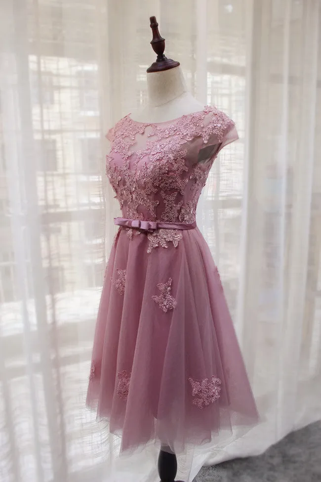 Pink Tulle Round Neckline Short Homecoming Dresses, Pink Party Dress, Bridesmaid Dresses
