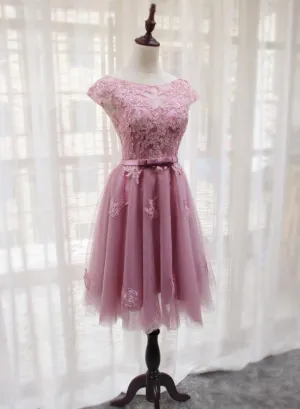 Pink Tulle Round Neckline Short Homecoming Dresses, Pink Party Dress, Bridesmaid Dresses