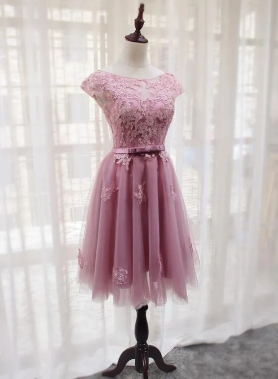 Pink Tulle Round Neckline Short Homecoming Dresses, Pink Party Dress, Bridesmaid Dresses