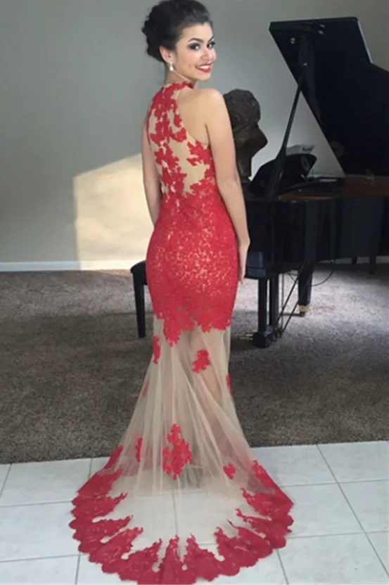Red Applique Prom Dresses,Tulle Prom Dress,Evening Dress