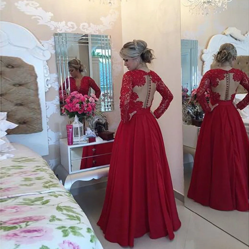 Red Prom Dresses,Sheer Back Prom Dress,Evening Dress