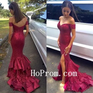 Red Sparkling Prom Dresses,Off Shoulder Prom Dress,Evening Dress