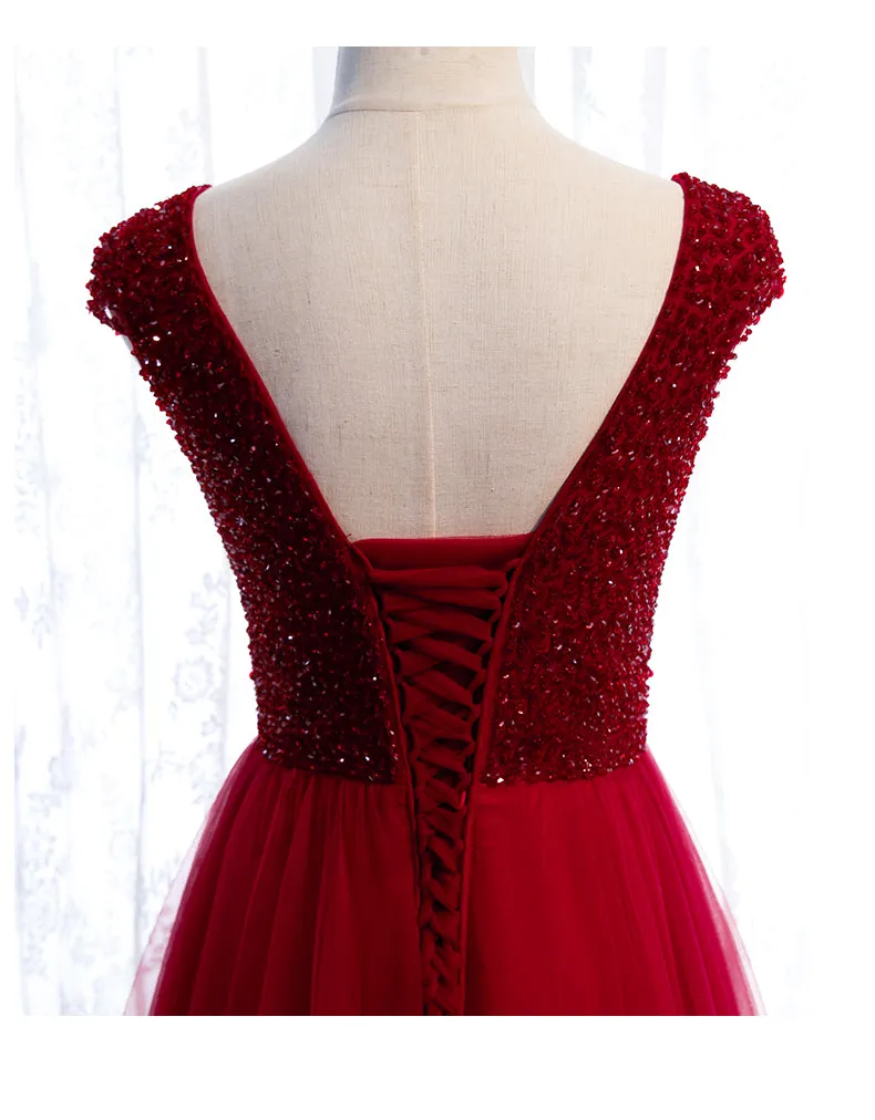 Red Tulle Cap Sleeves Long Party Dress, A-line Beaded Prom Dress