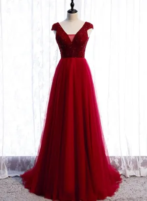 Red Tulle Cap Sleeves Long Party Dress, A-line Beaded Prom Dress