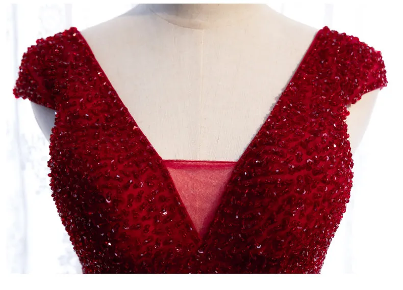 Red Tulle Cap Sleeves Long Party Dress, A-line Beaded Prom Dress