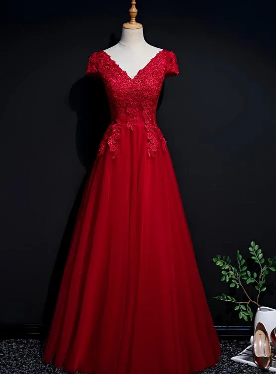 Red Tulle Cap Sleeves Long Prom Dress 2020, A-line Party Dress