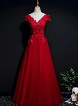 Red Tulle Cap Sleeves Long Prom Dress 2020, A-line Party Dress