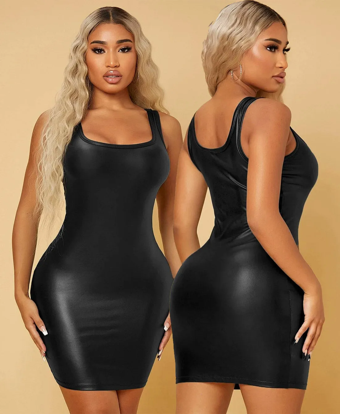 Sexy Scoop Neck PU Leather Bodycon Dress