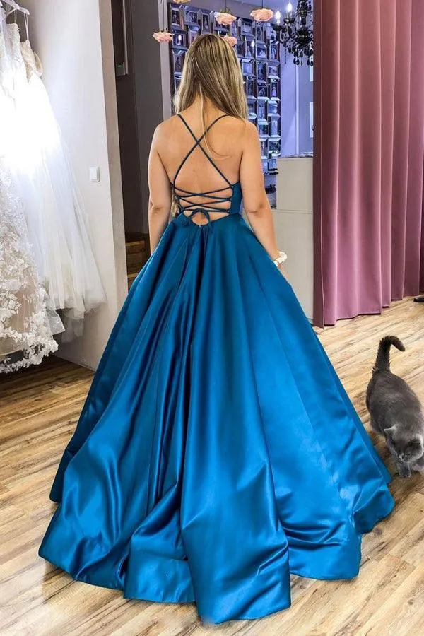 Simple Blue Satin Backless Long Prom Dress Blue Evening Dress TP1026