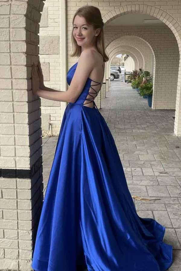 Simple Blue V Neck Satin Long Prom Dress Formal Dress With Pockets TP1046