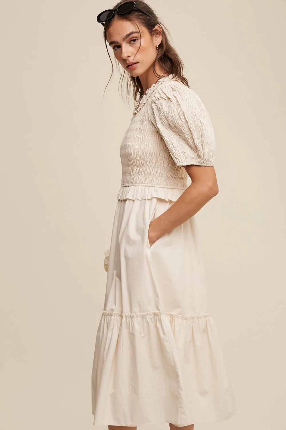 Smocked Puff Sleeve Poplin Dress 3 Colors