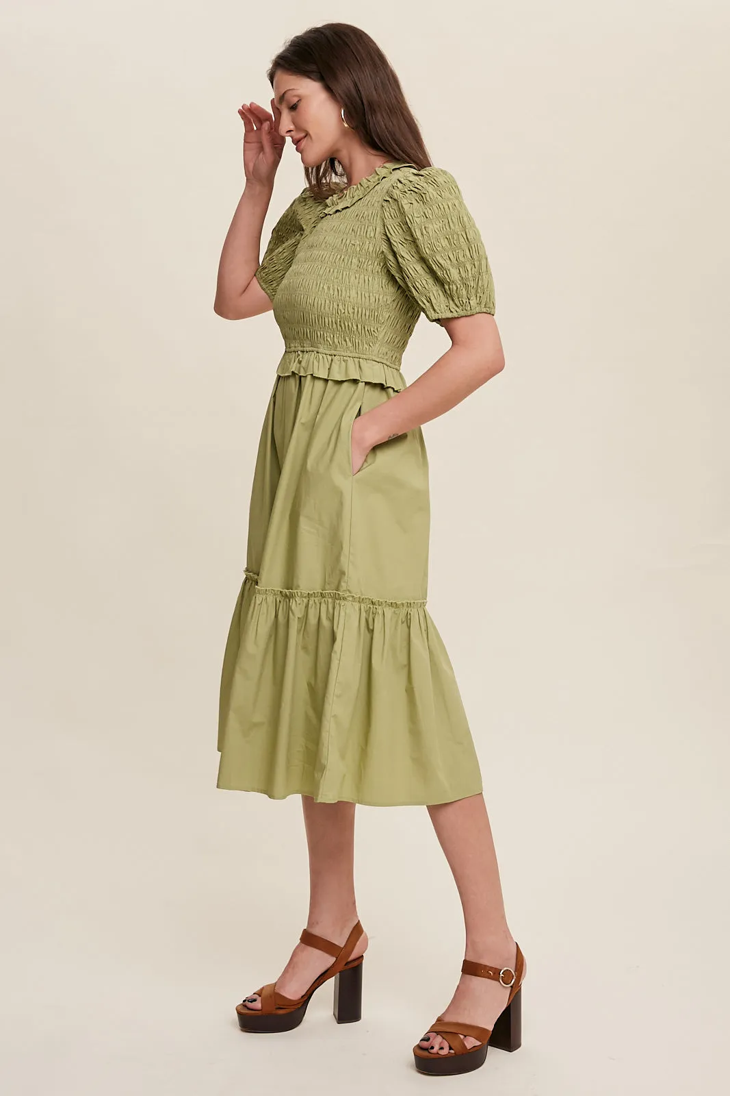 Smocked Puff Sleeve Poplin Dress 3 Colors