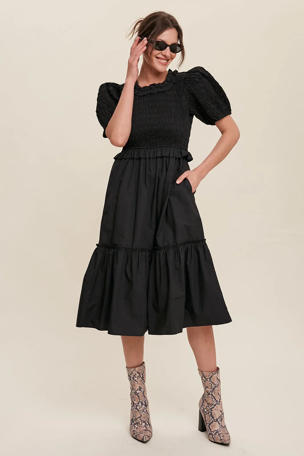 Smocked Puff Sleeve Poplin Dress 3 Colors