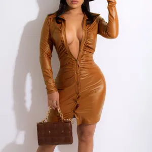 Solid Turndown Neck Long Sleeve Button Detailed Bodycon Dress