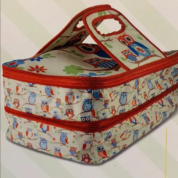 This cute owl print insulated potluck carrier has 2 separate and expandable compartments that are insulated for hot or cold dishes.