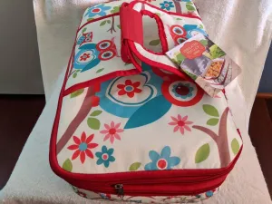 This cute owl print insulated potluck carrier has 2 separate and expandable compartments that are insulated for hot or cold dishes.