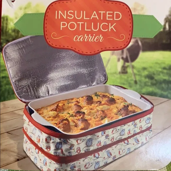 This cute owl print insulated potluck carrier has 2 separate and expandable compartments that are insulated for hot or cold dishes.