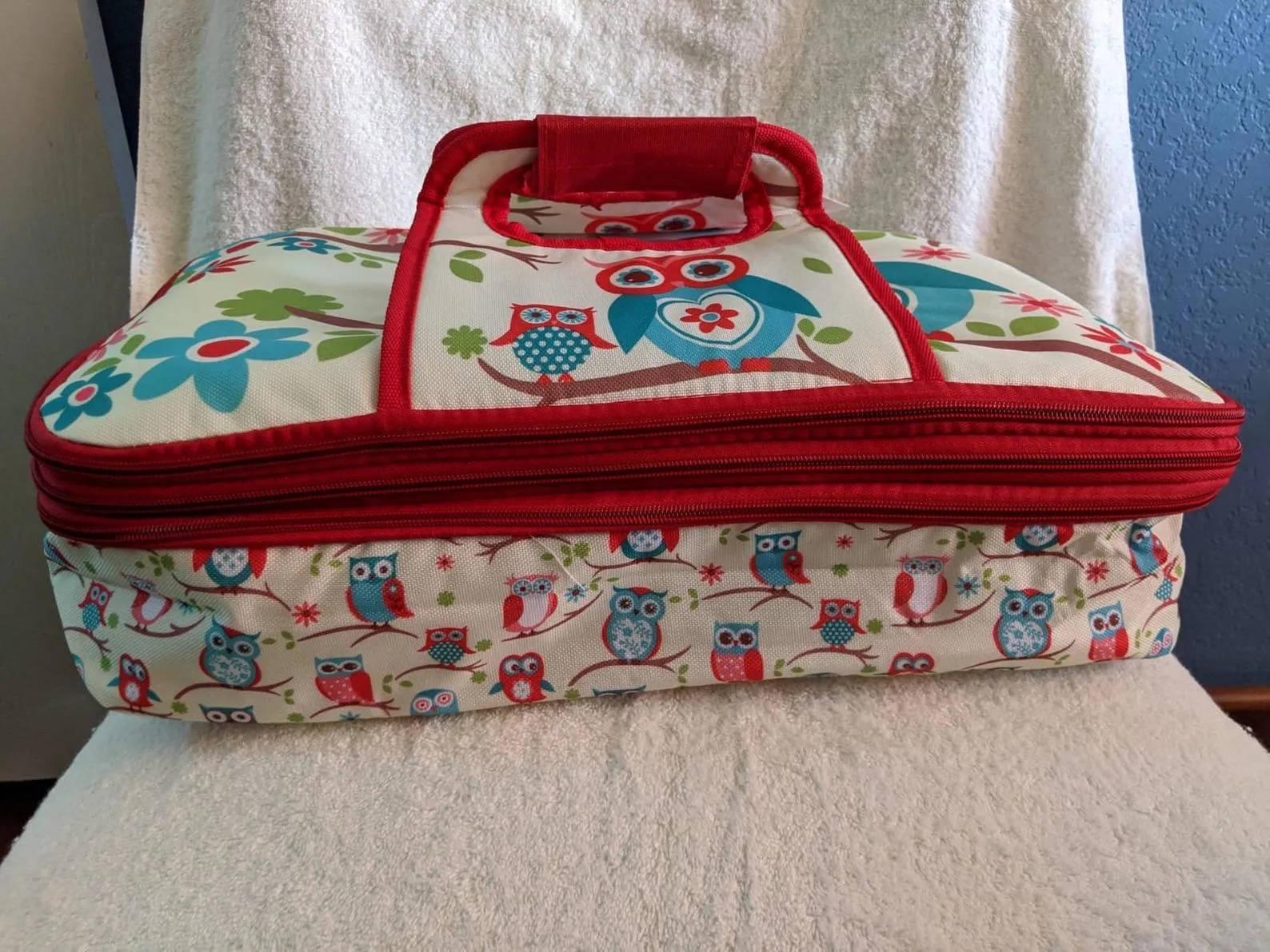 This cute owl print insulated potluck carrier has 2 separate and expandable compartments that are insulated for hot or cold dishes.